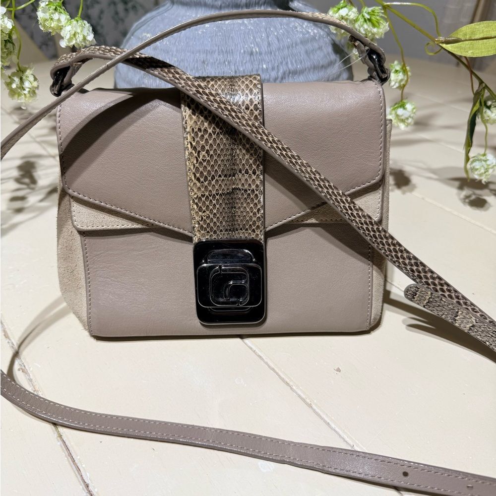 Alexandra Clancy Chic Taupe Crossbody Bag with Snake Print Accent